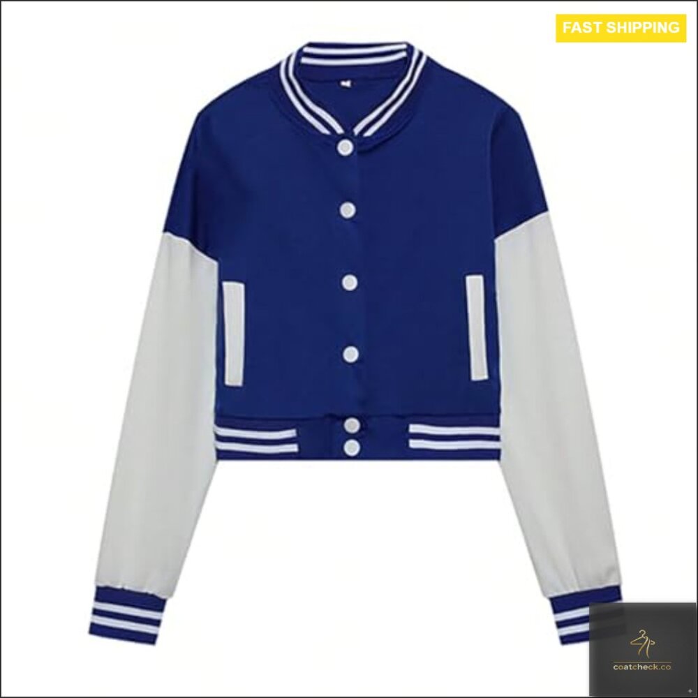 Cropped Varsity Bomber Jacket, Button Front, Colo… - image 3
